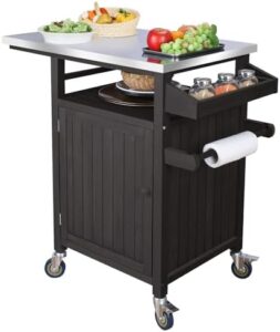 Here is the optimized SEO meta description:

"Upgrade your outdoor entertaining with this COOLBEBE Portable Grill Table featuring a moveable solid wood cart, stainless steel top, and storage cabinet. Perfect for camping trips or backyard gatherings."