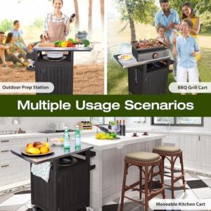 Here is the optimized SEO meta description:

"Upgrade your outdoor entertaining with this COOLBEBE Portable Grill Table featuring a moveable solid wood cart, stainless steel top, and storage cabinet. Perfect for camping trips or backyard gatherings."