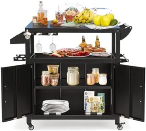 Here is the meta description:

"Organize your outdoor kitchen with this storage cabinet island featuring wheels, perfect for grill cart prep tables and grilling supplies. Dimensions 42x30x34 inches."