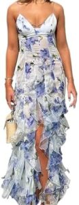 Here is the optimized SEO meta description:

"Elevate your style with this women's summer formal dress featuring spaghetti straps, asymmetrical ruffle details and a flowy maxi design. Perfect for cocktail parties or special occasions."