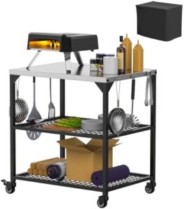 Here is the optimized SEO meta description:

"Perfect for outdoor cooks, this stainless steel rolling cart features a pizza oven table, wheels, and cover. Compatible with Ooni, Ninja Woodfire, and Blackstone grills. Great for food prep and cooking. Boost your outdoor kitchen setup now!"