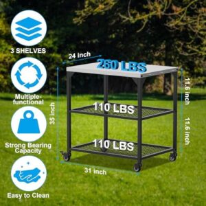 Here is the optimized SEO meta description:

"Perfect for outdoor cooks, this stainless steel rolling cart features a pizza oven table, wheels, and cover. Compatible with Ooni, Ninja Woodfire, and Blackstone grills. Great for food prep and cooking. Boost your outdoor kitchen setup now!"
