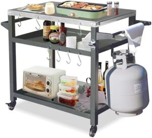 Elevate your outdoor cooking experience with the Domi 3-Shelf Outdoor Grill Cart, featuring a pizza oven and food prep table. Perfect for Blackstone griddles, this cart offers 3 shelves, wheels, and a stainless steel tabletop.