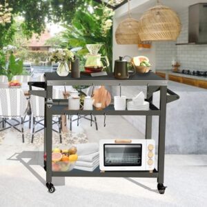 Elevate your outdoor cooking experience with the Domi 3-Shelf Outdoor Grill Cart, featuring a pizza oven and food prep table. Perfect for Blackstone griddles, this cart offers 3 shelves, wheels, and a stainless steel tabletop.