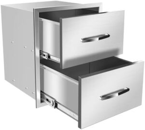 "Organize your outdoor kitchen with these stainless steel drawers, perfect for built-in patio grill stations. Expandable inserts accommodate various utensils and tools."