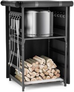 Store Solo Stove fuels and accessories in this 4.5ft storage station featuring a waterproof cover and adjustable firewood rack.