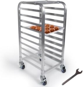 Here is the optimized SEO meta description:

"Maximize your kitchen space with this 10-tier half sheet pan rack featuring commercial-grade aluminum and lockable casters. Perfect for busy kitchens, holds 18x13" sheets and measures 18x15.25x36". Save time and space today!"