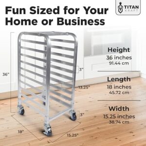 Here is the optimized SEO meta description:

"Maximize your kitchen space with this 10-tier half sheet pan rack featuring commercial-grade aluminum and lockable casters. Perfect for busy kitchens, holds 18x13" sheets and measures 18x15.25x36". Save time and space today!"