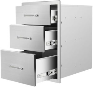 "Discover the ultimate outdoor cooking experience with this stainless steel triple drawer system, perfect for built-in island or patio grill station. Store utensils, seasonings, and BBQ essentials in style."