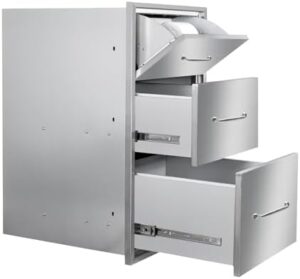 Upgrade your outdoor kitchen island with these stainless steel drawers featuring triple access compartments and a durable handle. Perfect for grilling enthusiasts. Save big on this must-have accessory!