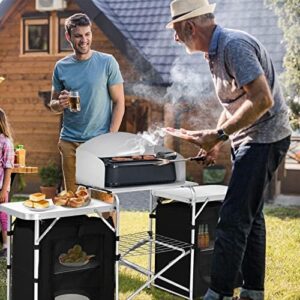 Maximize your outdoor adventures with GYMAX's folding camping table featuring 2 zipper organizer shelves and wind screen. Perfect for picnics, hiking, or BBQs, this portable kitchen table folds flat for easy storage.