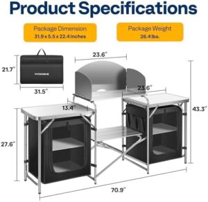 Here is the optimized meta description:

"Compact camping kitchen with storage and stainless steel windscreen. Perfect for outdoor cooking and picnics, this portable cook station includes 2 side tables and foldable design for easy transport."