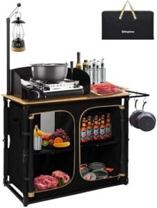 "Upgrade your outdoor cooking experience with the KingCamp Bamboo Camp Kitchen Station, featuring a folding design and adjustable lantern pole. Perfect for camping, tailgating, or BBQs, this portable kitchen table includes hooks for windshield storage and a windscreen organizer."