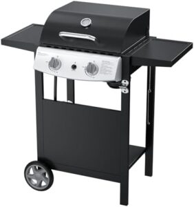 Upgrade your outdoor cooking experience with the ZAFRO 2-Burner Propane Gas Grills BBQ featuring an integrated protective hood and side shelves for patio parties, all in a sleek black design.