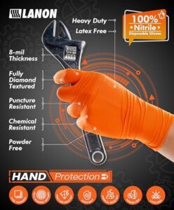 Here is the optimized SEO meta description:

"Protect your hands with LANON 8mil Orange Disposable Nitrile Gloves, heavy duty and food safe. Latex-free, powder-free, and fully-diamond textured for a secure grip. Perfect for mechanics, DIY enthusiasts, and more. Save big on bulk orders!"