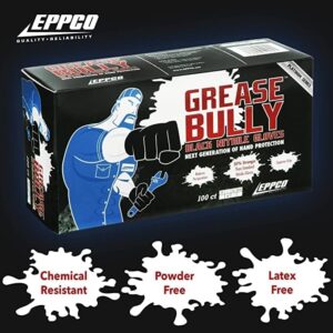 Get heavy-duty protection with DENCO DISTRIBUTING, INC. Grease Bully Nitrile Gloves, powder and latex free, featuring 6MIL thickness and 1000-count box of 10 gloves.