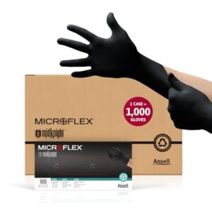 Get protected and precise with Microflex MidKnight MK-296 Disposable Nitrile Gloves, perfect for mechanics, auto, cleaning, and tattoos. Case of 1000 X-Small Black gloves with full texture for a secure fit.