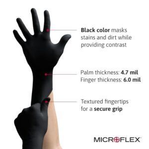 Get protected and precise with Microflex MidKnight MK-296 Disposable Nitrile Gloves, perfect for mechanics, auto, cleaning, and tattoos. Case of 1000 X-Small Black gloves with full texture for a secure fit.