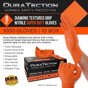 Protect your hands with Dura-Gold's heavy-duty diamond textured gloves, featuring 8 mil thickness and orange color for high visibility. Perfect for construction, automotive, or medical use.