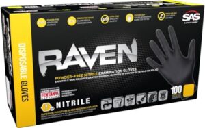 Stay protected and efficient with SAS Safety 66518 Raven gloves, featuring powder-free, black nitrile material for 6 mil thickness. Pack of 10 large gloves in a convenient case.