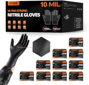 Protect your hands from chemicals and abrasions with these heavy-duty 10 mil nitrile gloves featuring a raised diamond texture. Disposable and latex-free for industrial use. Perfect for mechanics, DIY enthusiasts, and more!