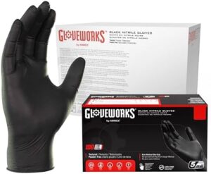 Stay safe and protected with GloveWorks' Black Disposable Nitrile Industrial Gloves, offering 5 mil thickness, latex and powder-free, food-safe, and textured for grip.