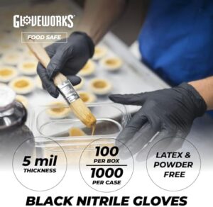 Stay safe and protected with GloveWorks' Black Disposable Nitrile Industrial Gloves, offering 5 mil thickness, latex and powder-free, food-safe, and textured for grip.
