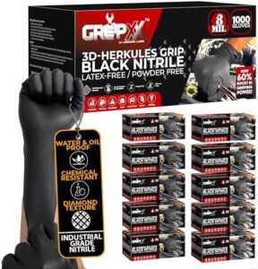 Protect your hands with Herkules Grip's Heavy Duty 8Mil Black Nitrile Gloves, featuring 3D raised diamond texture and powder-free design for industrial and mechanic use.