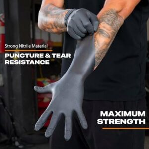 Protect your hands with Herkules Grip's Heavy Duty 8Mil Black Nitrile Gloves, featuring 3D raised diamond texture and powder-free design for industrial and mechanic use.