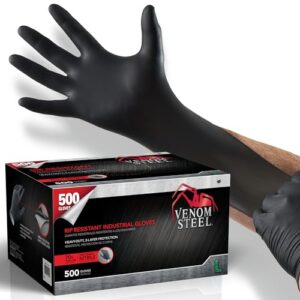 Protect hands with Venom Steel Industrial Nitrile Gloves, chemical resistant and latex-free, featuring textured grip and heavy-duty two-layer protection, perfect for large-scale projects. (148)