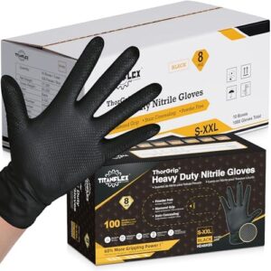 Heavy duty industrial gloves for maximum grip and durability. TitanFlex Thor Grip features raised diamond texture, 8-mil thickness, and latex-free material for heavy-duty tasks and applications.