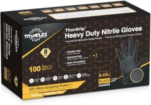 Heavy duty industrial gloves for maximum grip and durability. TitanFlex Thor Grip features raised diamond texture, 8-mil thickness, and latex-free material for heavy-duty tasks and applications.