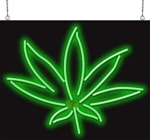 Illuminate your space with the Hemp Leaf Neon Sign, a unique 30" wide x 24" high handmade piece featuring a green leaf graphic. Perfect for home decor and office spaces!