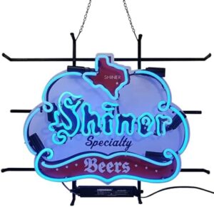 Here is the generated meta description:

"Add a touch of style to your man cave or pub with this handmade neon sign featuring Shiner Beer's iconic logo, crafted with real glass tube lighting and durable inch tubing."