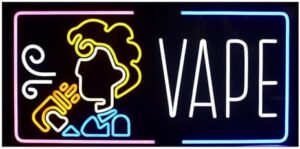 Boost your vape shop's visibility with this bright LED sign featuring iconic designs in black, blue, white, and orange. Durable and long-lasting, perfect for window or wall mounting at 35x17.5 inches.
