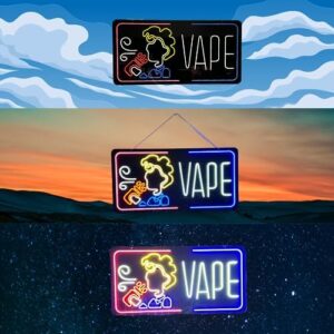Boost your vape shop's visibility with this bright LED sign featuring iconic designs in black, blue, white, and orange. Durable and long-lasting, perfect for window or wall mounting at 35x17.5 inches.