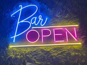 Here is the generated SEO meta description:

"Light up your man cave with this large 24x16'' open bar neon sign, featuring light blue and pink colors. Perfect for bars, games rooms, and home decor."