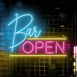 Here is the generated SEO meta description:

"Light up your man cave with this large 24x16'' open bar neon sign, featuring light blue and pink colors. Perfect for bars, games rooms, and home decor."