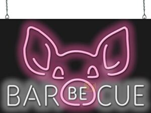 Illuminate your outdoor space with this unique Barbecue with Pig Face Graphic Neon Sign, featuring white letters and pink pig design on a large 32" x 20" sign. Perfect for backyard gatherings.