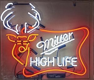 "Add a touch of wild outdoors to your space with the Miller High Life neon sign, featuring a buck deer design. Perfect for bars, pubs, or man caves, this 24x20inch glass lamp with neon tubing lighting adds a unique ambiance."