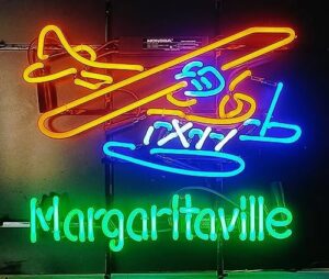 Illuminate your party space with this Jimmy Margaritaville Airplane Sign, a glass neon sign featuring iconic lyrics and dimensions of 24x20 inches. Perfect for beer bars, clubs, bedrooms, or any occasion!
