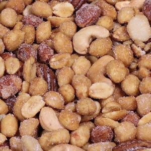 Indulge in the sweet and savory taste of It's Delish BBQ Honey Roasted Mixed Nuts, 10 LBS Bulk Bag - Gourmet nut blend with honey sugar coating, salted for a delicious snack.