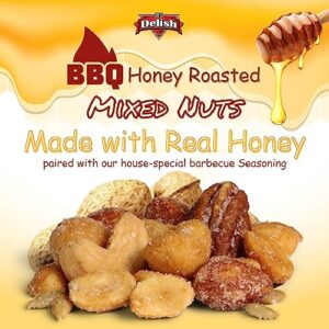 Indulge in the sweet and savory taste of It's Delish BBQ Honey Roasted Mixed Nuts, 10 LBS Bulk Bag - Gourmet nut blend with honey sugar coating, salted for a delicious snack.