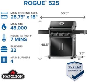 Sear with precision and style using the Rogue 525 Propane Gas Grill, featuring 4 burners, black finish, and stainless steel grids. Ideal for backyard BBQs, this grill offers reliable cooking results and durability.
