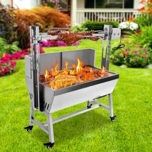 Here is the generated SEO meta description:

"Upgrade your outdoor cooking with this stainless steel rotisserie grill featuring a 25w motor and baffle design, perfect for camping or backyard gatherings. Enjoy tender results with small pig or lamb roasts."