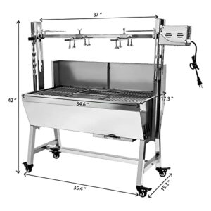 Here is the generated SEO meta description:

"Upgrade your outdoor cooking with this stainless steel rotisserie grill featuring a 25w motor and baffle design, perfect for camping or backyard gatherings. Enjoy tender results with small pig or lamb roasts."