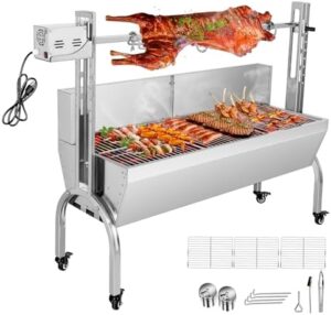 Discover the perfect camping companion - stainless steel rotisserie grill with back cover guard and 25W motor, ideal for cooking small pig or lamb dishes. Perfect for outdoor kitchen adventures!