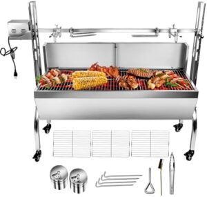 Experience outdoor grilling like never before with this stainless steel rotisserie grill roaster featuring a 25W motor and back cover guard, perfect for camping or backyard BBQs.