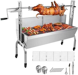 Experience outdoor grilling like never before with this stainless steel rotisserie grill roaster featuring a 25W motor and back cover guard, perfect for camping or backyard BBQs.