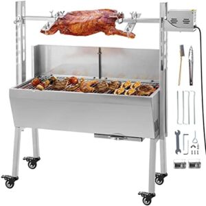 Discover the VEVOR stainless steel rotisserie grill roaster with back cover guard, perfect for camping and outdoor cooking. Accommodates up to 90 lbs of food with ease.